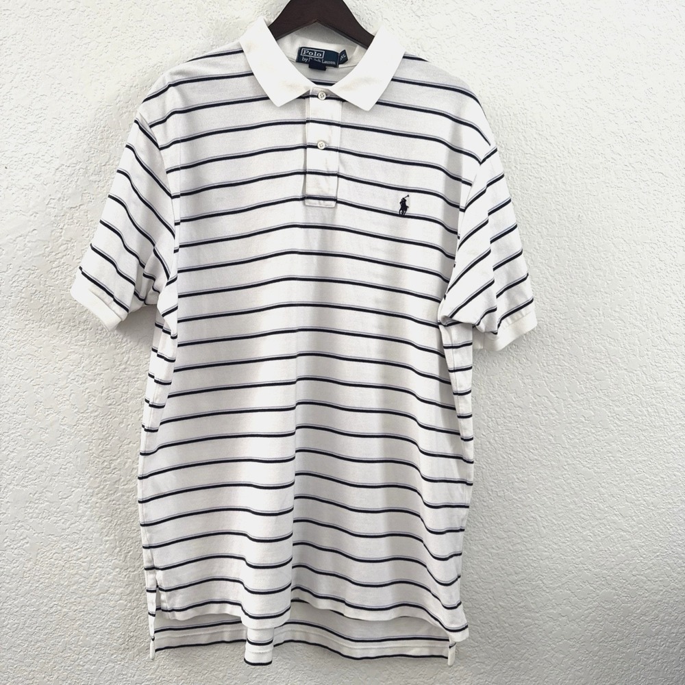 Vintage Polo Ralph Lauren White Striped Polo Shirt XXL Made in Hong Kong 90s Vtg